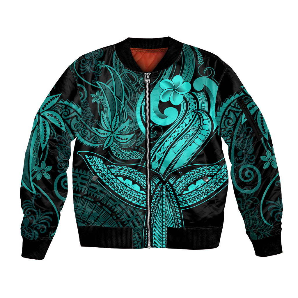 Polynesia Sleeve Zip Bomber Jacket Whale Tale and Polynesian Sunset Plumeria Turquoise - Wonder Print Shop