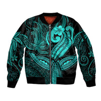 Polynesia Sleeve Zip Bomber Jacket Whale Tale and Polynesian Sunset Plumeria Turquoise - Wonder Print Shop