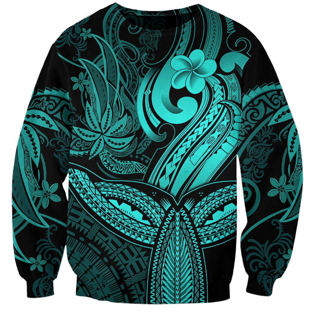 Polynesia Sweatshirt Whale Tale and Polynesian Sunset Plumeria Turquoise - Wonder Print Shop