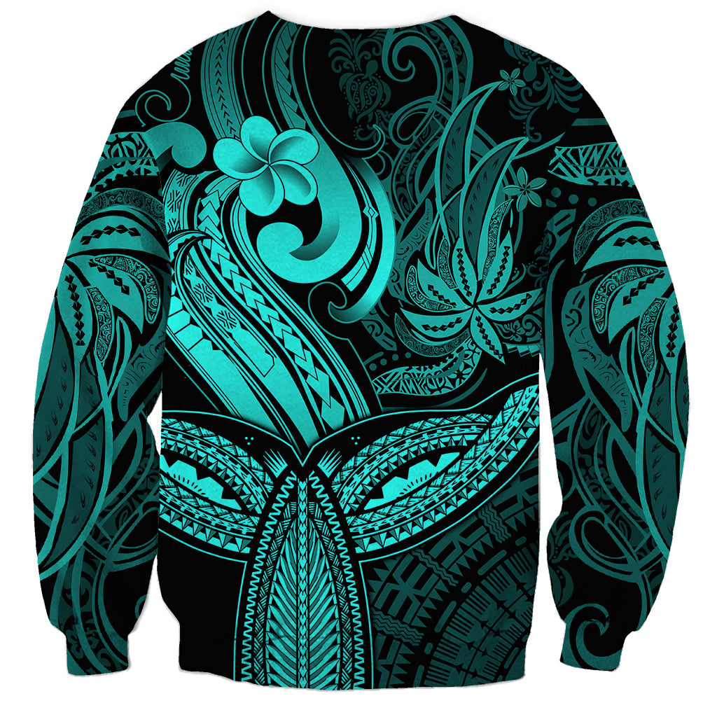Polynesia Sweatshirt Whale Tale and Polynesian Sunset Plumeria Turquoise - Wonder Print Shop