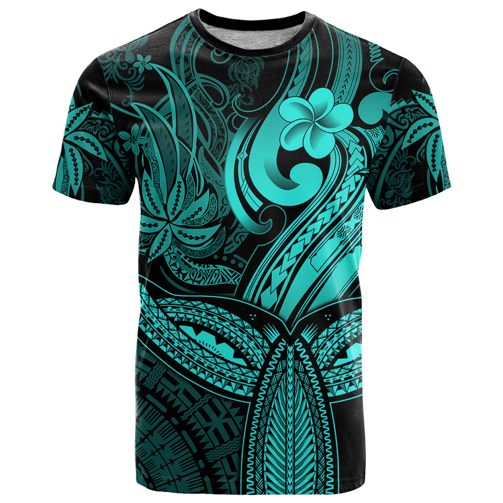 Polynesia T Shirt Whale Tale and Polynesian Sunset Plumeria Turquoise - Wonder Print Shop