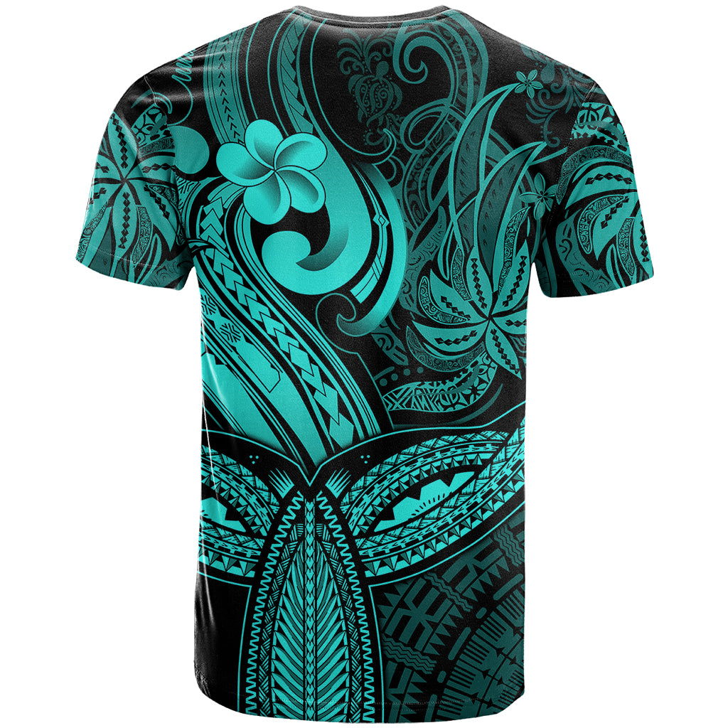 Polynesia T Shirt Whale Tale and Polynesian Sunset Plumeria Turquoise - Wonder Print Shop