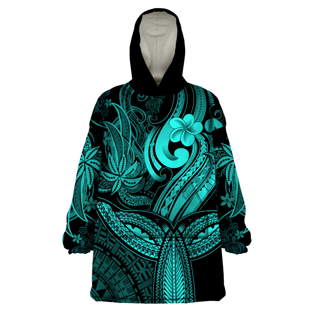 Polynesia Wearable Blanket Hoodie Whale Tale and Polynesian Sunset Plumeria Turquoise - Wonder Print Shop