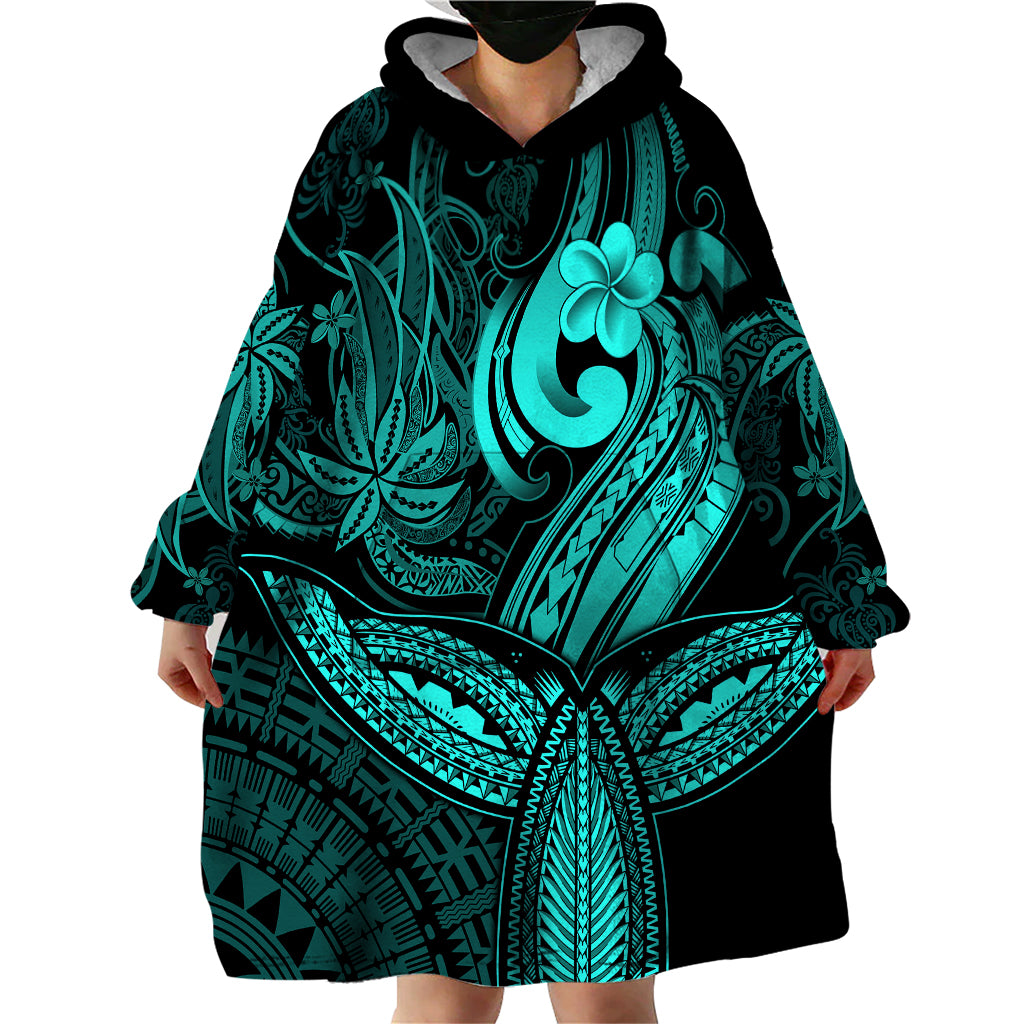 Polynesia Wearable Blanket Hoodie Whale Tale and Polynesian Sunset Plumeria Turquoise - Wonder Print Shop