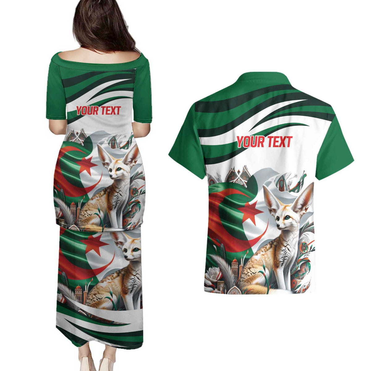 Algeria Fennec Fox Personalized Couples Matching Puletasi and Hawaiian Shirt with Algerian Culture and Nature LT9 - Wonder Print Shop