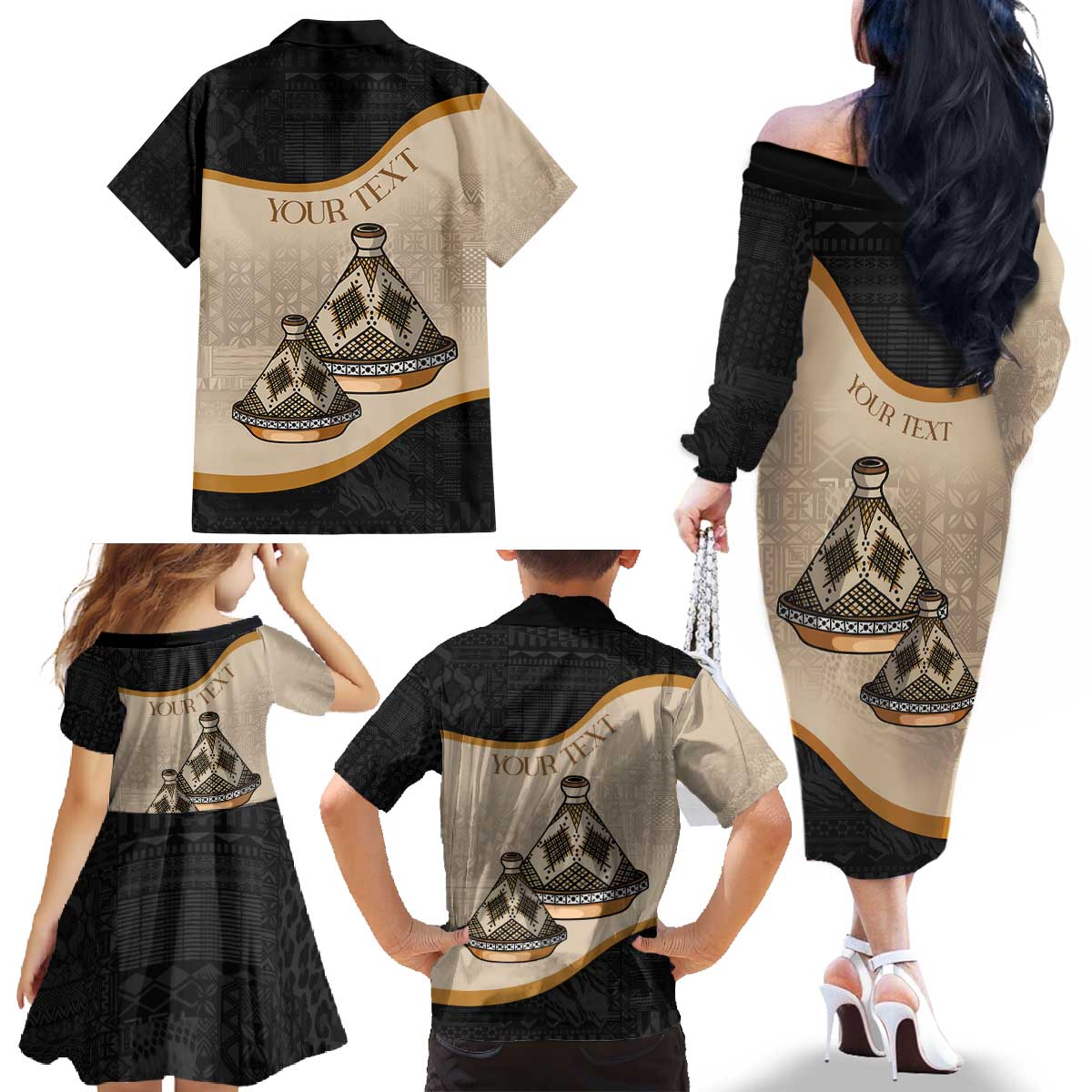 Algeria Tajine Dish Personalized Family Matching Off The Shoulder Long Sleeve Dress and Hawaiian Shirt with African Tribal Pattern - Wonder Print Shop