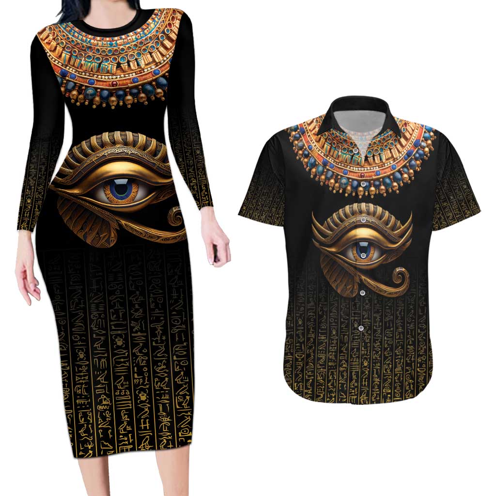 Egypt Eyes Of Horus Couples Matching Long Sleeve Bodycon Dress and Hawaiian Shirt with Egyptian Hieroglyphs LT9 - Wonder Print Shop