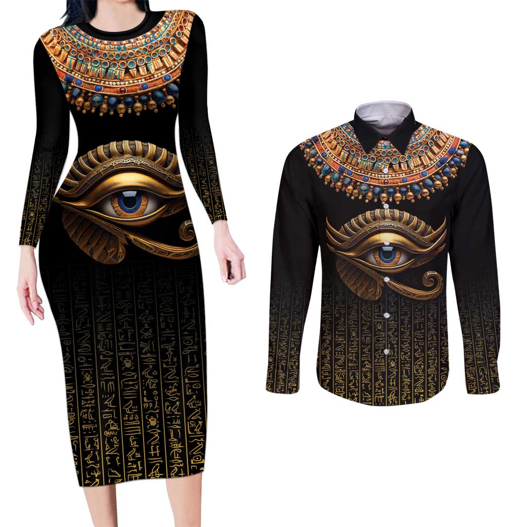 Egypt Eyes Of Horus Couples Matching Long Sleeve Bodycon Dress and Long Sleeve Button Shirt with Egyptian Hieroglyphs LT9 - Wonder Print Shop