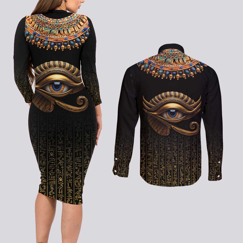 Egypt Eyes Of Horus Couples Matching Long Sleeve Bodycon Dress and Long Sleeve Button Shirt with Egyptian Hieroglyphs LT9 - Wonder Print Shop