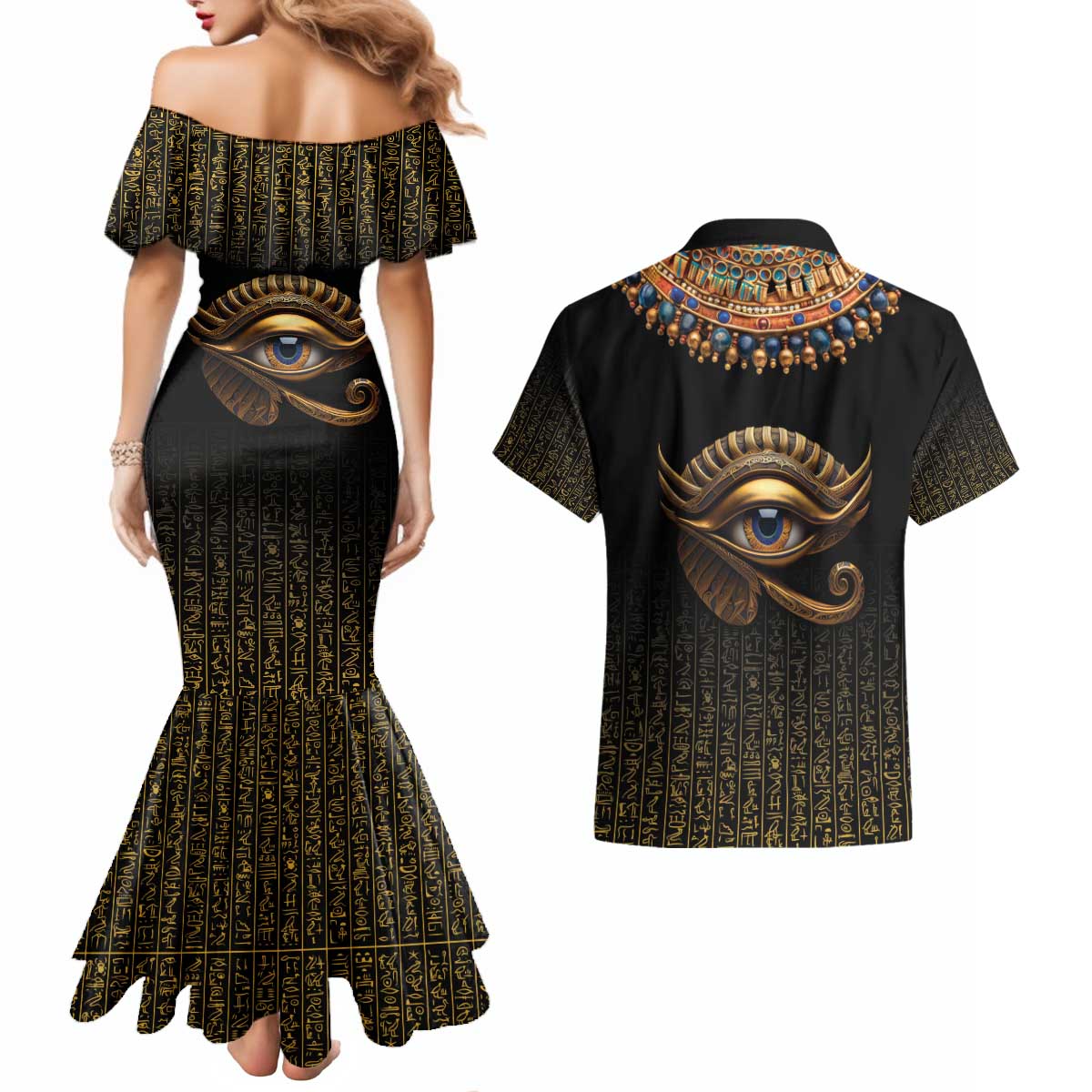 Egypt Eyes Of Horus Couples Matching Mermaid Dress and Hawaiian Shirt with Egyptian Hieroglyphs LT9 - Wonder Print Shop