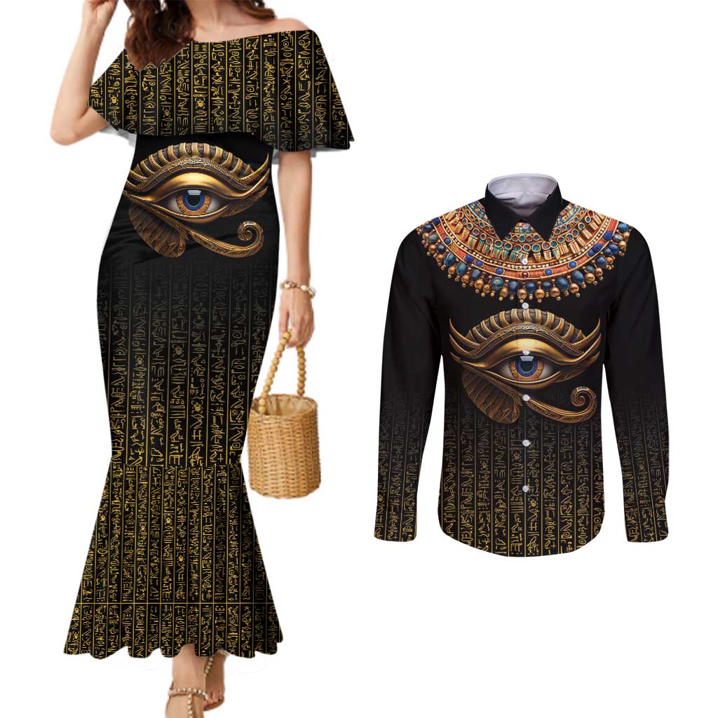 Egypt Eyes Of Horus Couples Matching Mermaid Dress and Long Sleeve Button Shirt with Egyptian Hieroglyphs