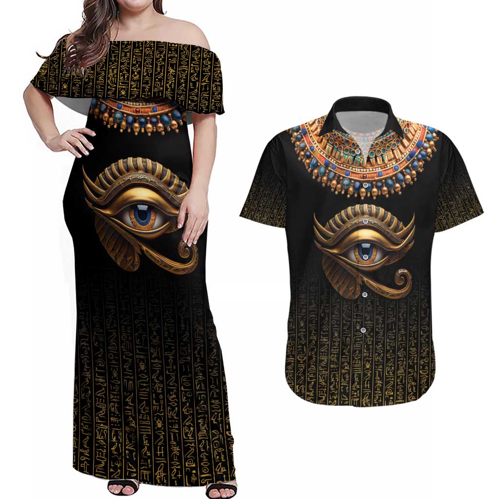 Egypt Eyes Of Horus Couples Matching Off Shoulder Maxi Dress and Hawaiian Shirt with Egyptian Hieroglyphs LT9 - Wonder Print Shop