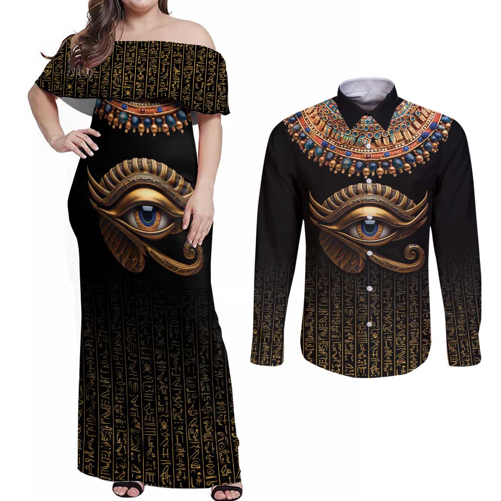 Egypt Eyes Of Horus Couples Matching Off Shoulder Maxi Dress and Long Sleeve Button Shirt with Egyptian Hieroglyphs LT9 - Wonder Print Shop