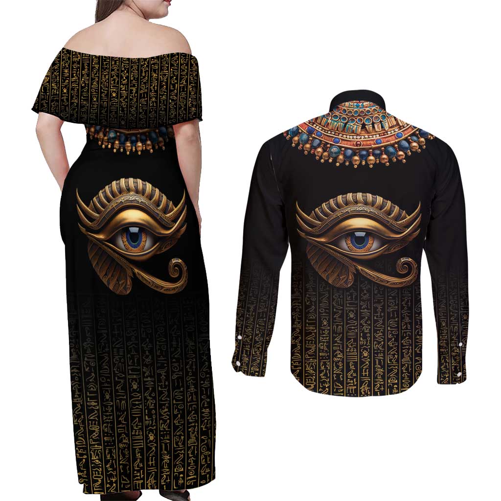 Egypt Eyes Of Horus Couples Matching Off Shoulder Maxi Dress and Long Sleeve Button Shirt with Egyptian Hieroglyphs LT9 - Wonder Print Shop