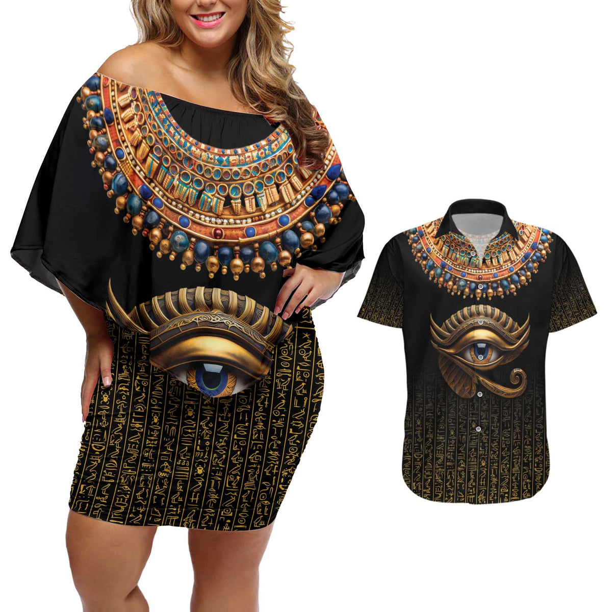 Egypt Eyes Of Horus Couples Matching Off Shoulder Short Dress and Hawaiian Shirt with Egyptian Hieroglyphs LT9 - Wonder Print Shop