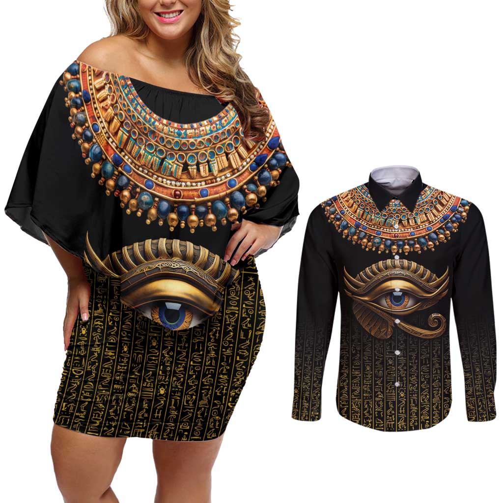 Egypt Eyes Of Horus Couples Matching Off Shoulder Short Dress and Long Sleeve Button Shirt with Egyptian Hieroglyphs LT9 - Wonder Print Shop