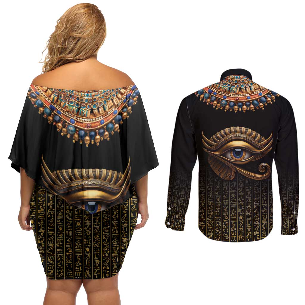 Egypt Eyes Of Horus Couples Matching Off Shoulder Short Dress and Long Sleeve Button Shirt with Egyptian Hieroglyphs LT9 - Wonder Print Shop