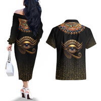 Egypt Eyes Of Horus Couples Matching Off The Shoulder Long Sleeve Dress and Hawaiian Shirt with Egyptian Hieroglyphs LT9 - Wonder Print Shop