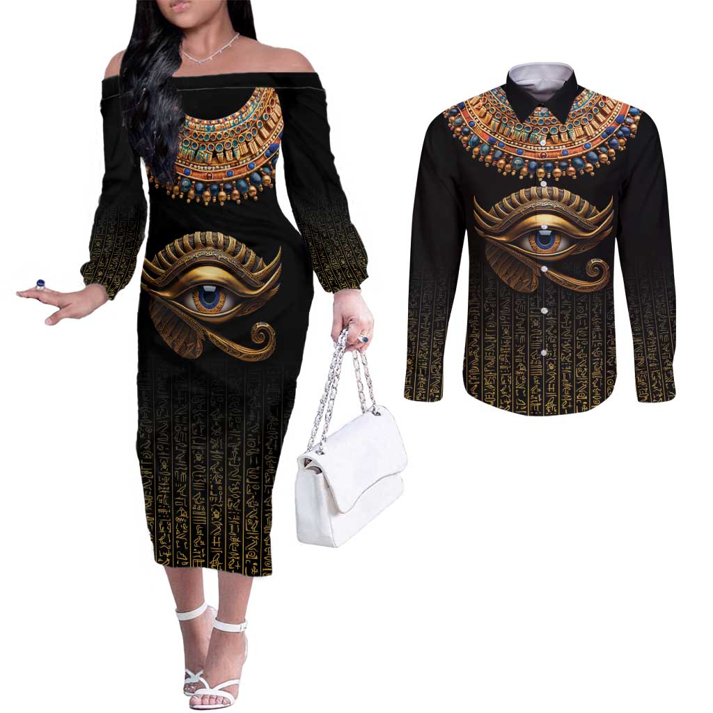 Egypt Eyes Of Horus Couples Matching Off The Shoulder Long Sleeve Dress and Long Sleeve Button Shirt with Egyptian Hieroglyphs