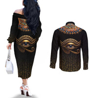 Egypt Eyes Of Horus Couples Matching Off The Shoulder Long Sleeve Dress and Long Sleeve Button Shirt with Egyptian Hieroglyphs