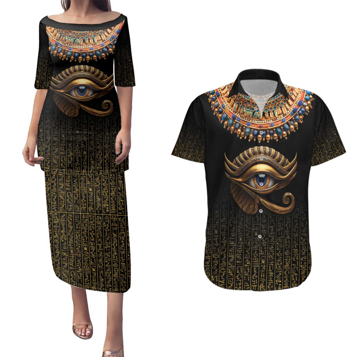 Egypt Eyes Of Horus Couples Matching Puletasi and Hawaiian Shirt with Egyptian Hieroglyphs LT9 - Wonder Print Shop