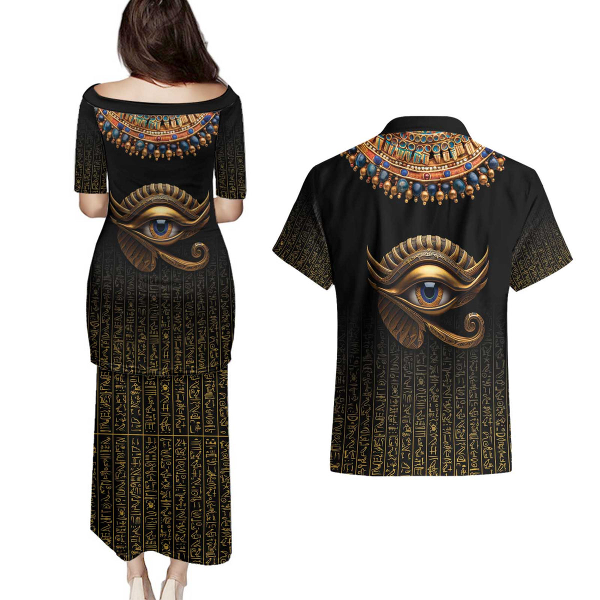 Egypt Eyes Of Horus Couples Matching Puletasi and Hawaiian Shirt with Egyptian Hieroglyphs LT9 - Wonder Print Shop