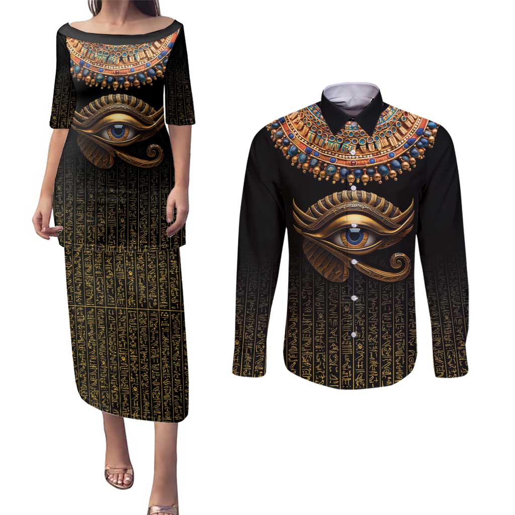 Egypt Eyes Of Horus Couples Matching Puletasi and Long Sleeve Button Shirt with Egyptian Hieroglyphs LT9 - Wonder Print Shop