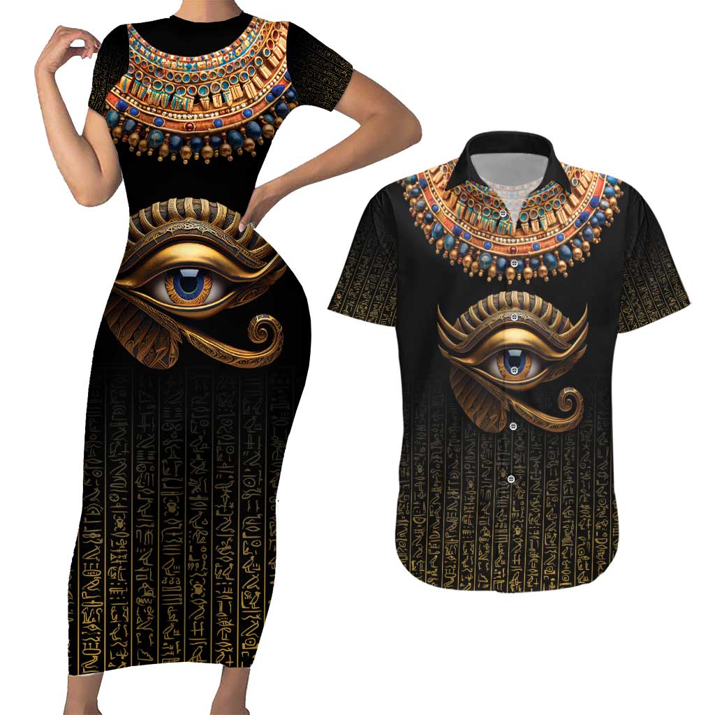 Egypt Eyes Of Horus Couples Matching Short Sleeve Bodycon Dress and Hawaiian Shirt with Egyptian Hieroglyphs LT9 - Wonder Print Shop