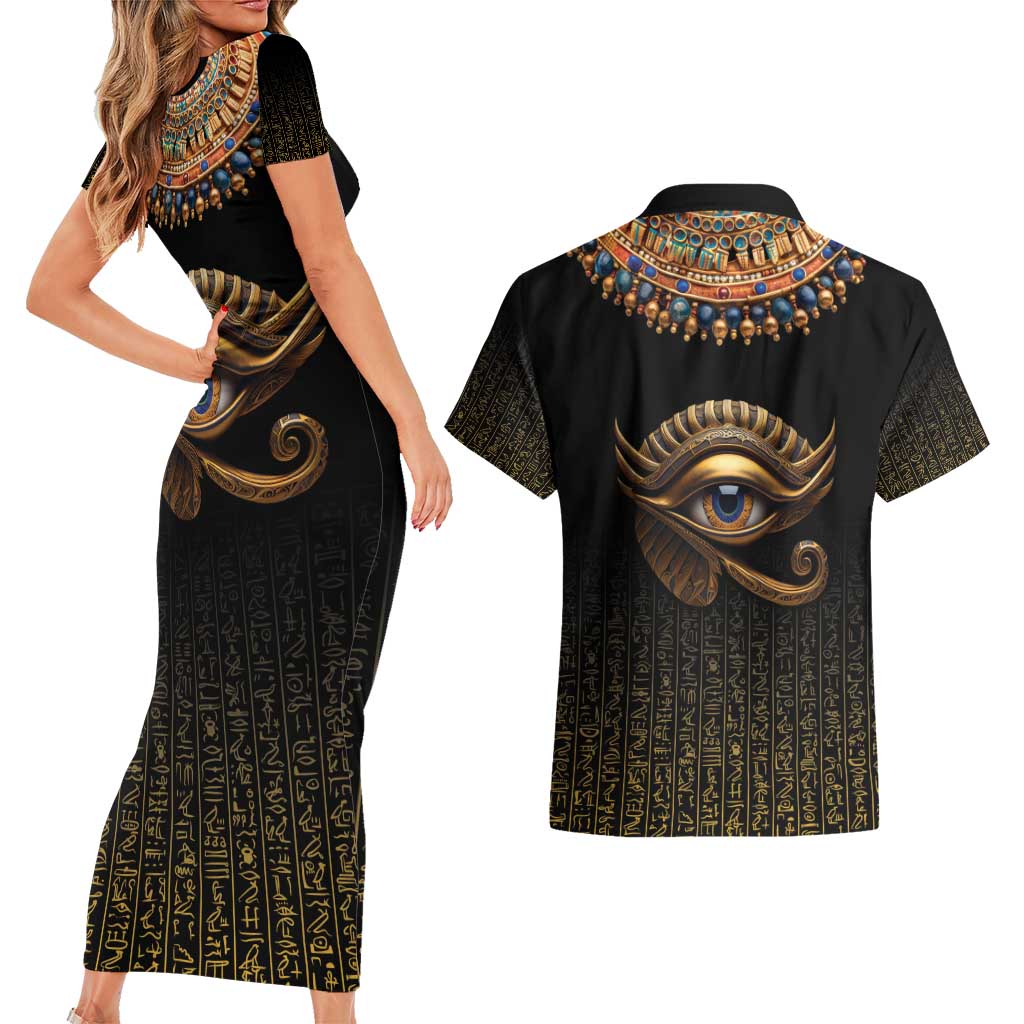 Egypt Eyes Of Horus Couples Matching Short Sleeve Bodycon Dress and Hawaiian Shirt with Egyptian Hieroglyphs LT9 - Wonder Print Shop