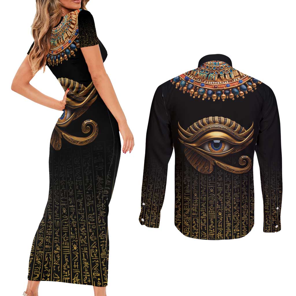 Egypt Eyes Of Horus Couples Matching Short Sleeve Bodycon Dress and Long Sleeve Button Shirt with Egyptian Hieroglyphs LT9 - Wonder Print Shop