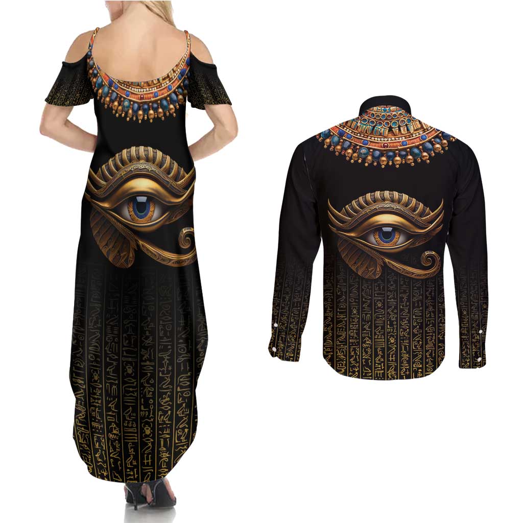 Egypt Eyes Of Horus Couples Matching Summer Maxi Dress and Long Sleeve Button Shirt with Egyptian Hieroglyphs LT9 - Wonder Print Shop