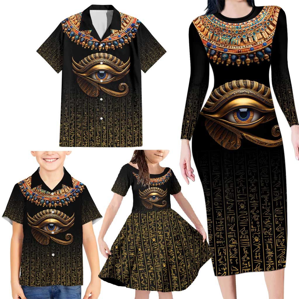 Egypt Eyes Of Horus Family Matching Long Sleeve Bodycon Dress and Hawaiian Shirt with Egyptian Hieroglyphs LT9 - Wonder Print Shop