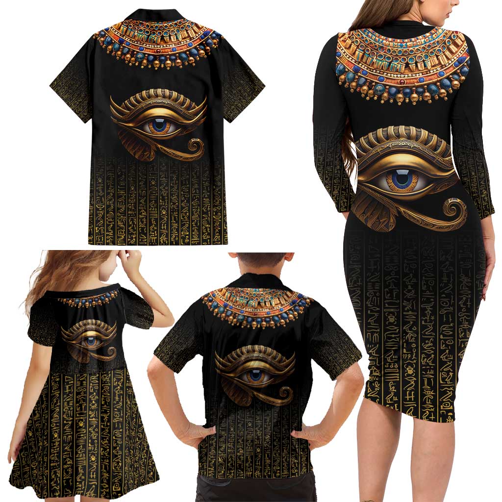 Egypt Eyes Of Horus Family Matching Long Sleeve Bodycon Dress and Hawaiian Shirt with Egyptian Hieroglyphs LT9 - Wonder Print Shop