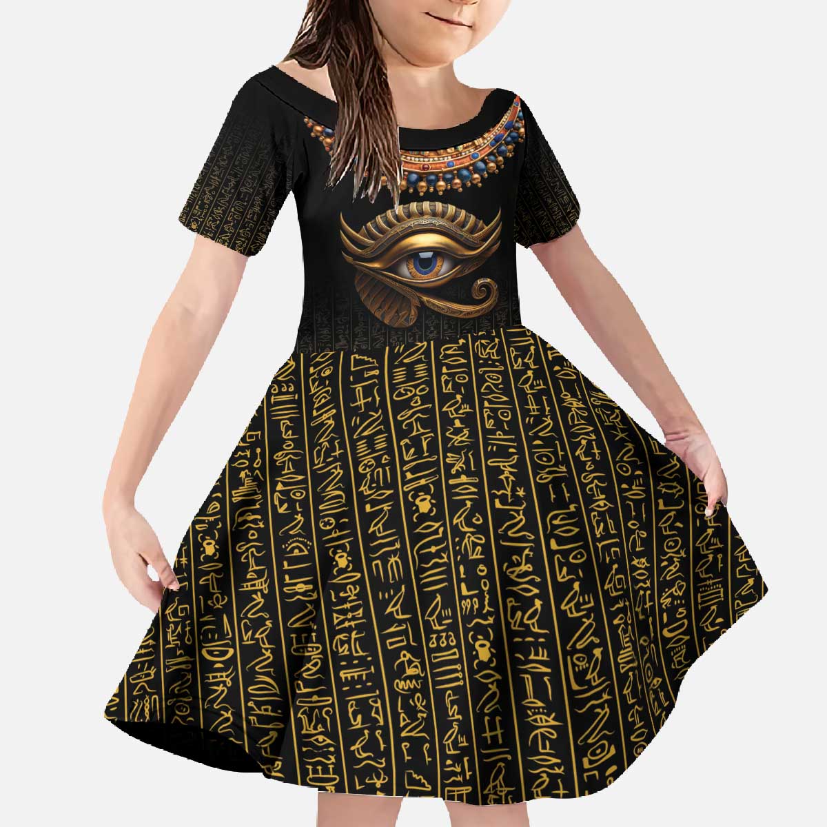 Egypt Eyes Of Horus Family Matching Off The Shoulder Long Sleeve Dress and Hawaiian Shirt with Egyptian Hieroglyphs - Wonder Print Shop