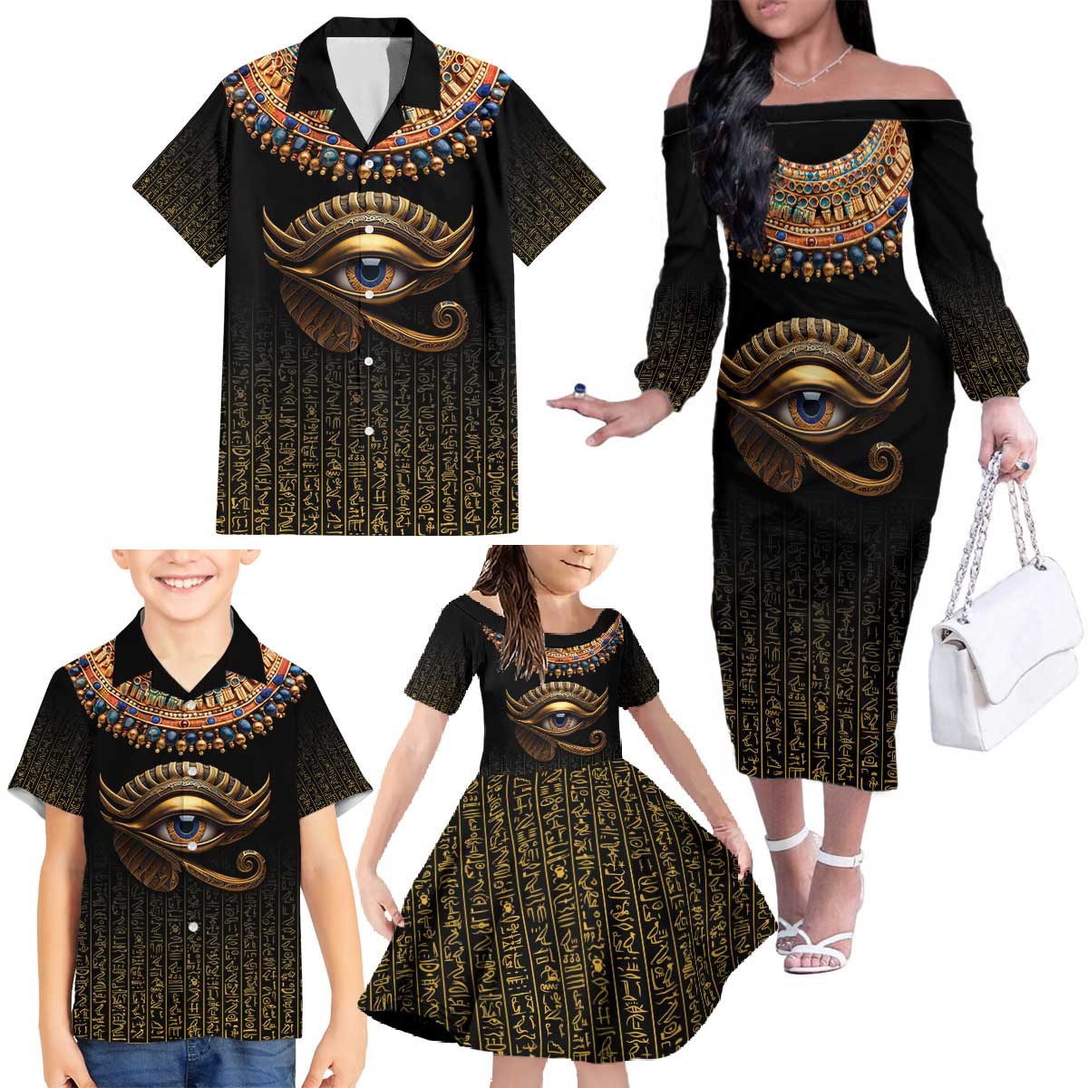 Egypt Eyes Of Horus Family Matching Off The Shoulder Long Sleeve Dress and Hawaiian Shirt with Egyptian Hieroglyphs - Wonder Print Shop