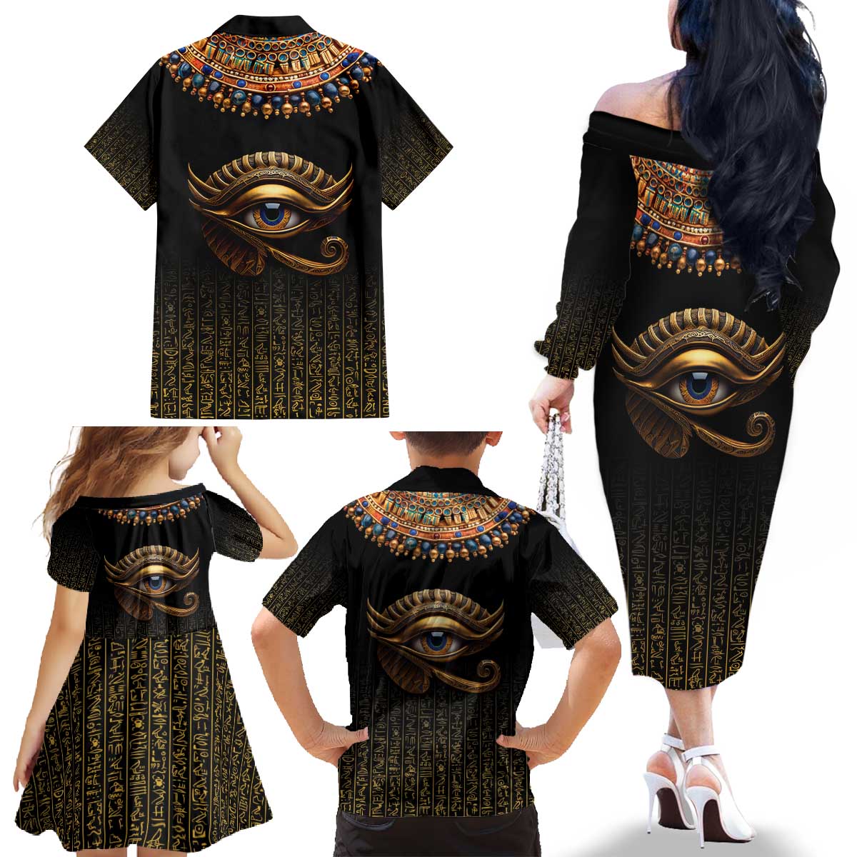 Egypt Eyes Of Horus Family Matching Off The Shoulder Long Sleeve Dress and Hawaiian Shirt with Egyptian Hieroglyphs - Wonder Print Shop