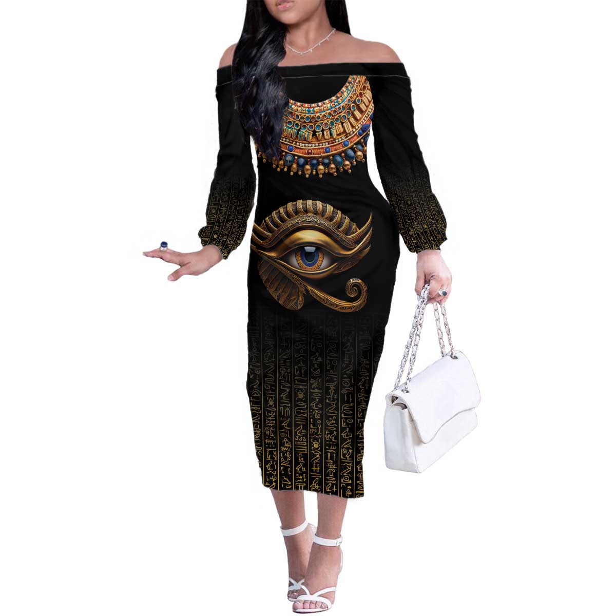 Egypt Eyes Of Horus Family Matching Off The Shoulder Long Sleeve Dress and Hawaiian Shirt with Egyptian Hieroglyphs - Wonder Print Shop
