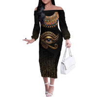 Egypt Eyes Of Horus Family Matching Off The Shoulder Long Sleeve Dress and Hawaiian Shirt with Egyptian Hieroglyphs - Wonder Print Shop