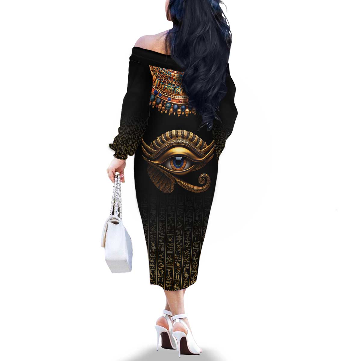 Egypt Eyes Of Horus Family Matching Off The Shoulder Long Sleeve Dress and Hawaiian Shirt with Egyptian Hieroglyphs - Wonder Print Shop