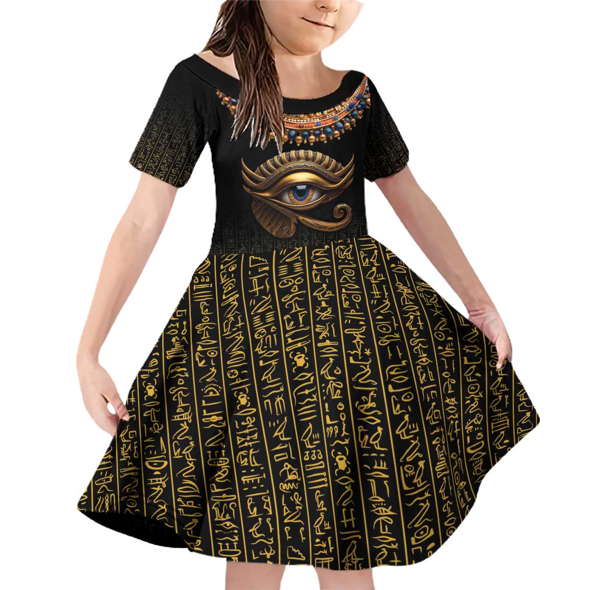 Egypt Eyes Of Horus Family Matching Off Shoulder Short Dress and Hawaiian Shirt with Egyptian Hieroglyphs LT9 - Wonder Print Shop