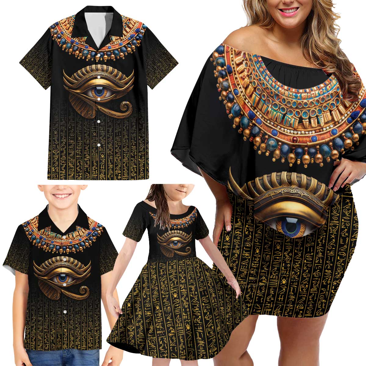 Egypt Eyes Of Horus Family Matching Off Shoulder Short Dress and Hawaiian Shirt with Egyptian Hieroglyphs LT9 - Wonder Print Shop
