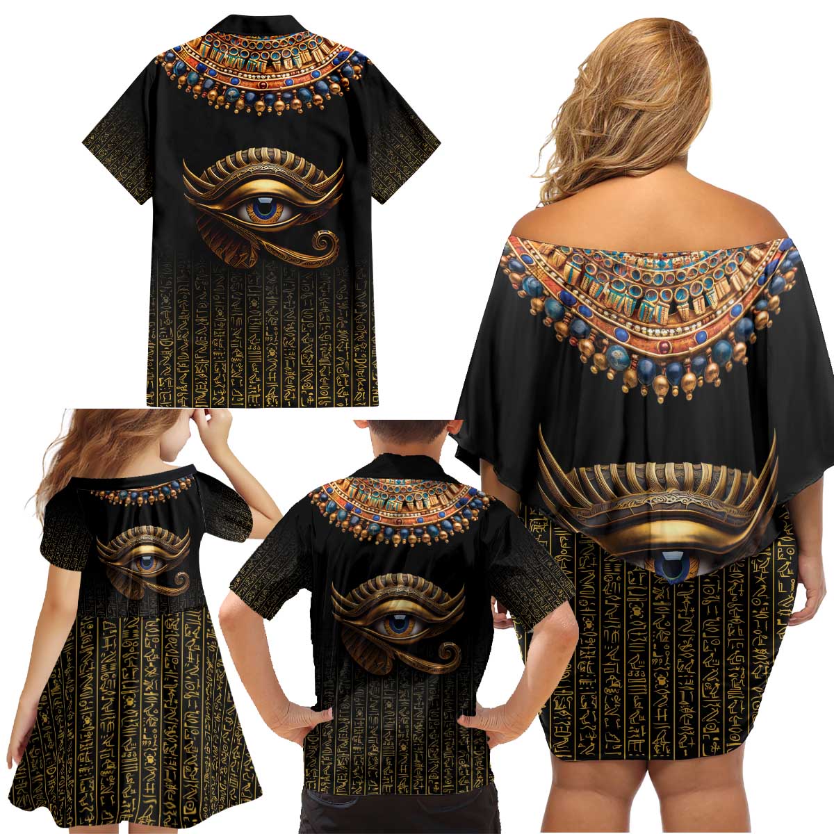 Egypt Eyes Of Horus Family Matching Off Shoulder Short Dress and Hawaiian Shirt with Egyptian Hieroglyphs LT9 - Wonder Print Shop