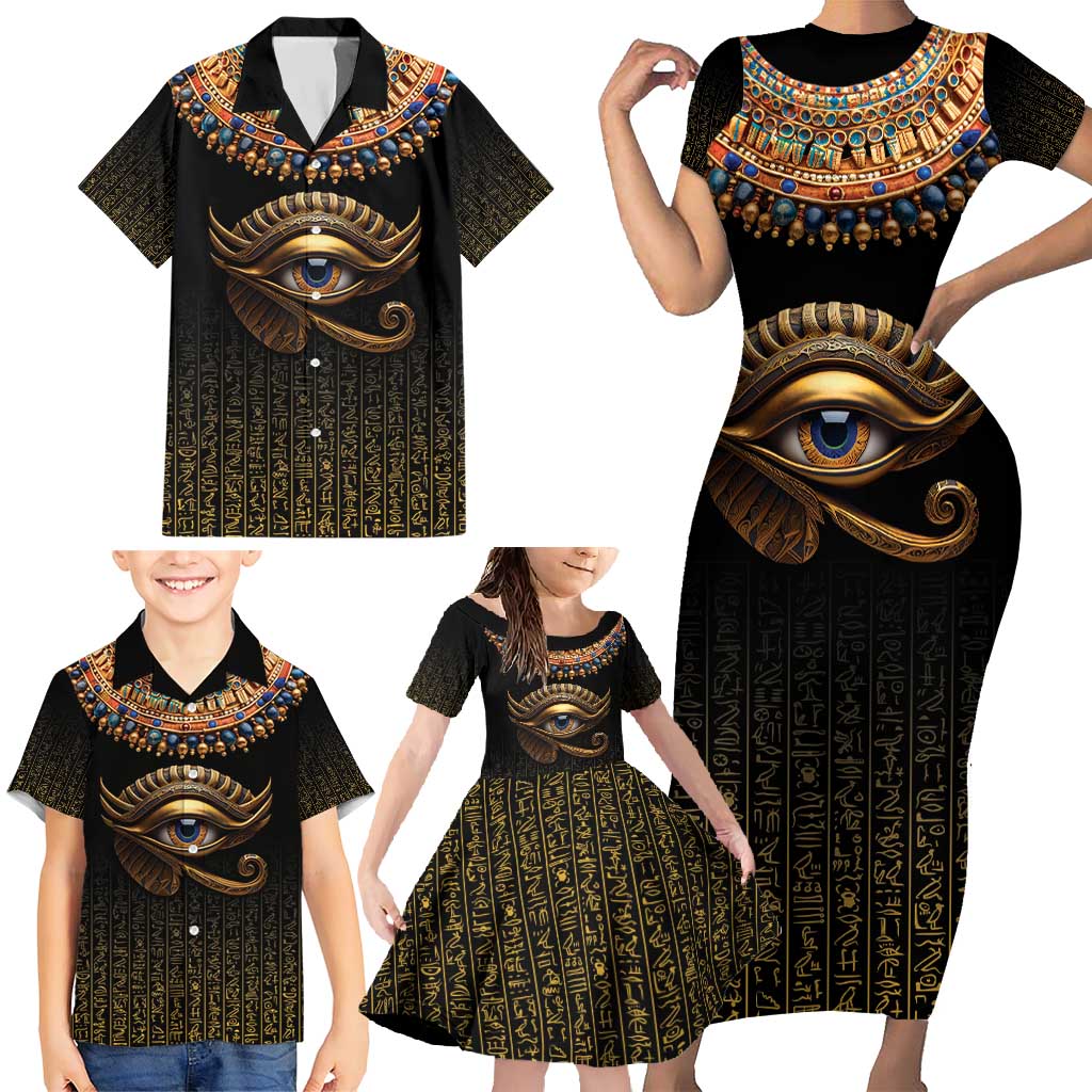 Egypt Eyes Of Horus Family Matching Short Sleeve Bodycon Dress and Hawaiian Shirt with Egyptian Hieroglyphs - Wonder Print Shop