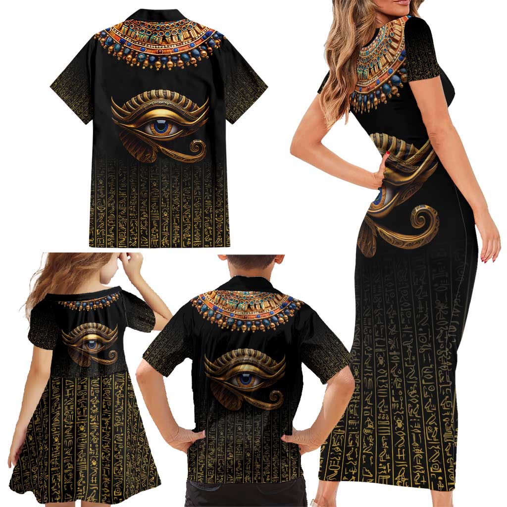Egypt Eyes Of Horus Family Matching Short Sleeve Bodycon Dress and Hawaiian Shirt with Egyptian Hieroglyphs - Wonder Print Shop