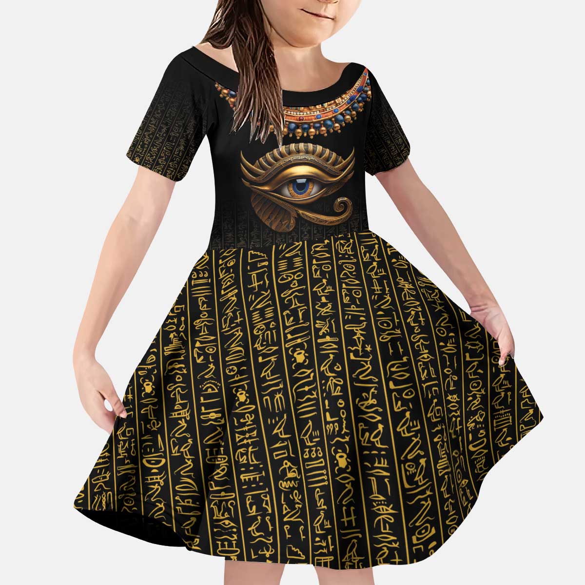 Egypt Eyes Of Horus Kid Short Sleeve Dress with Egyptian Hieroglyphs - Wonder Print Shop