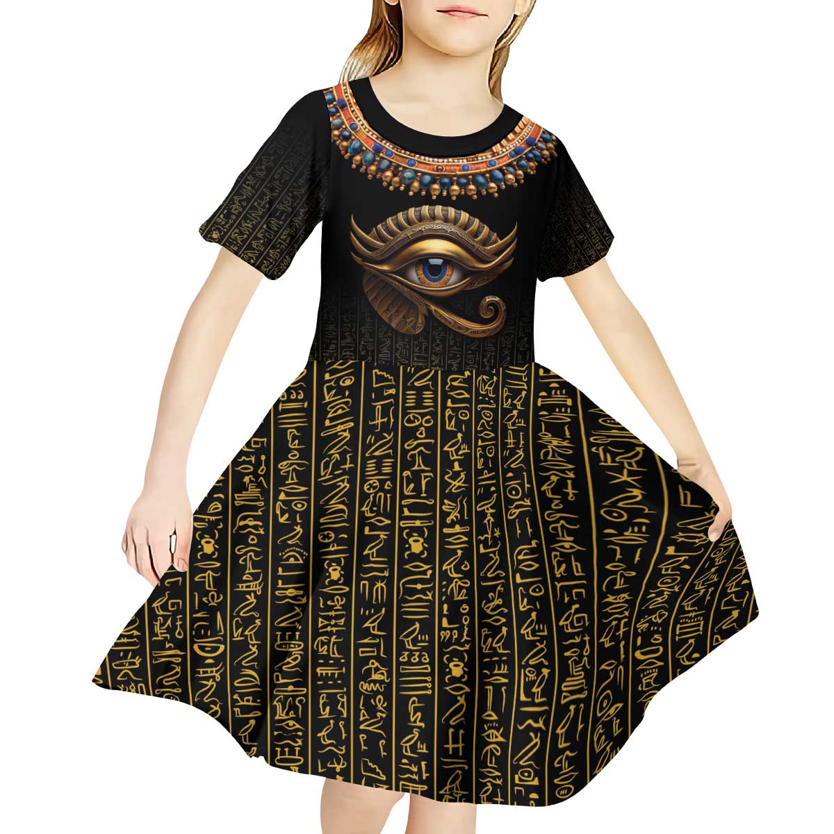 Egypt Eyes Of Horus Kid Short Sleeve Dress with Egyptian Hieroglyphs - Wonder Print Shop