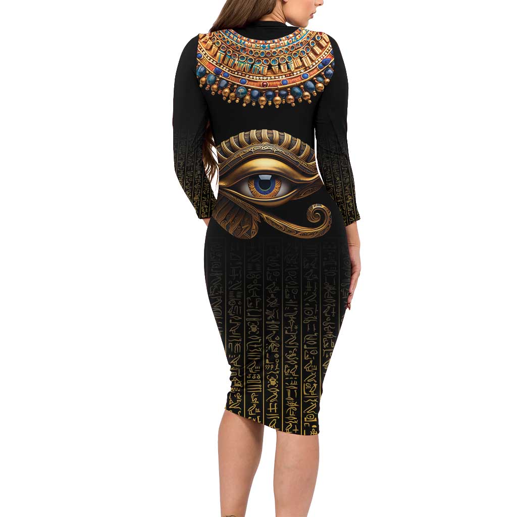 Egypt Eyes Of Horus Long Sleeve Bodycon Dress with Egyptian Hieroglyphs - Wonder Print Shop