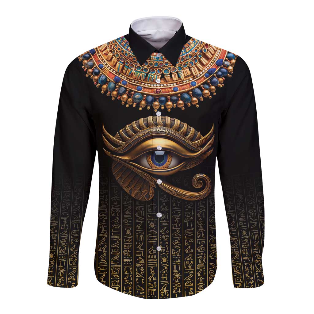 Egypt Eyes Of Horus Long Sleeve Button Shirt with Egyptian Hieroglyphs - Wonder Print Shop