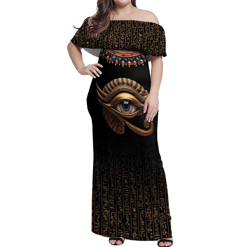 Egypt Eyes Of Horus Off Shoulder Maxi Dress with Egyptian Hieroglyphs - Wonder Print Shop