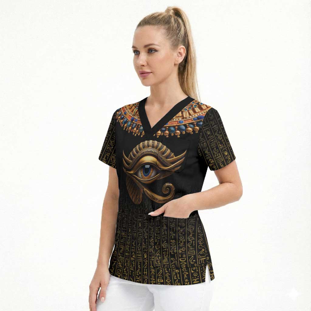 Egypt Eyes Of Horus Scrub Top with Egyptian Hieroglyphs